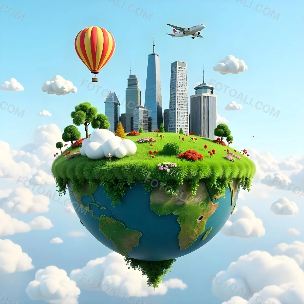Green Planet With Grass Flowers And Skyscrapers Surrounded By Clouds A Hot Air Balloon And A Plane In A Blue Sky 48 6505