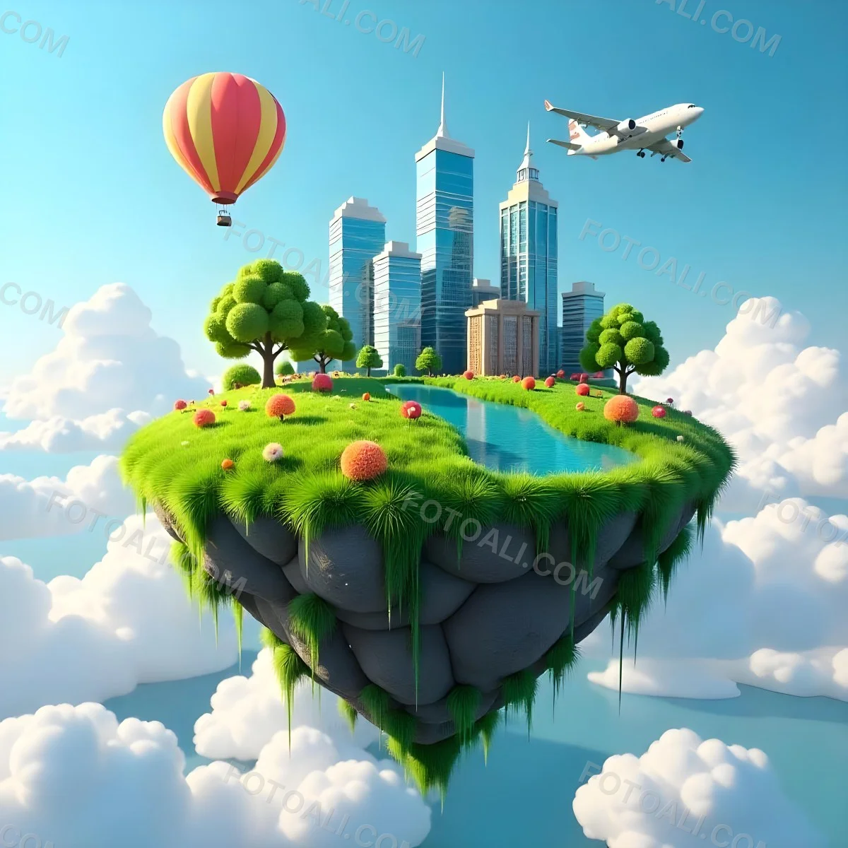 Green Planet With Grass Flowers And Skyscrapers Surrounded By Clouds A Hot Air Balloon And A Plane In A Blue Sky 49 24f8