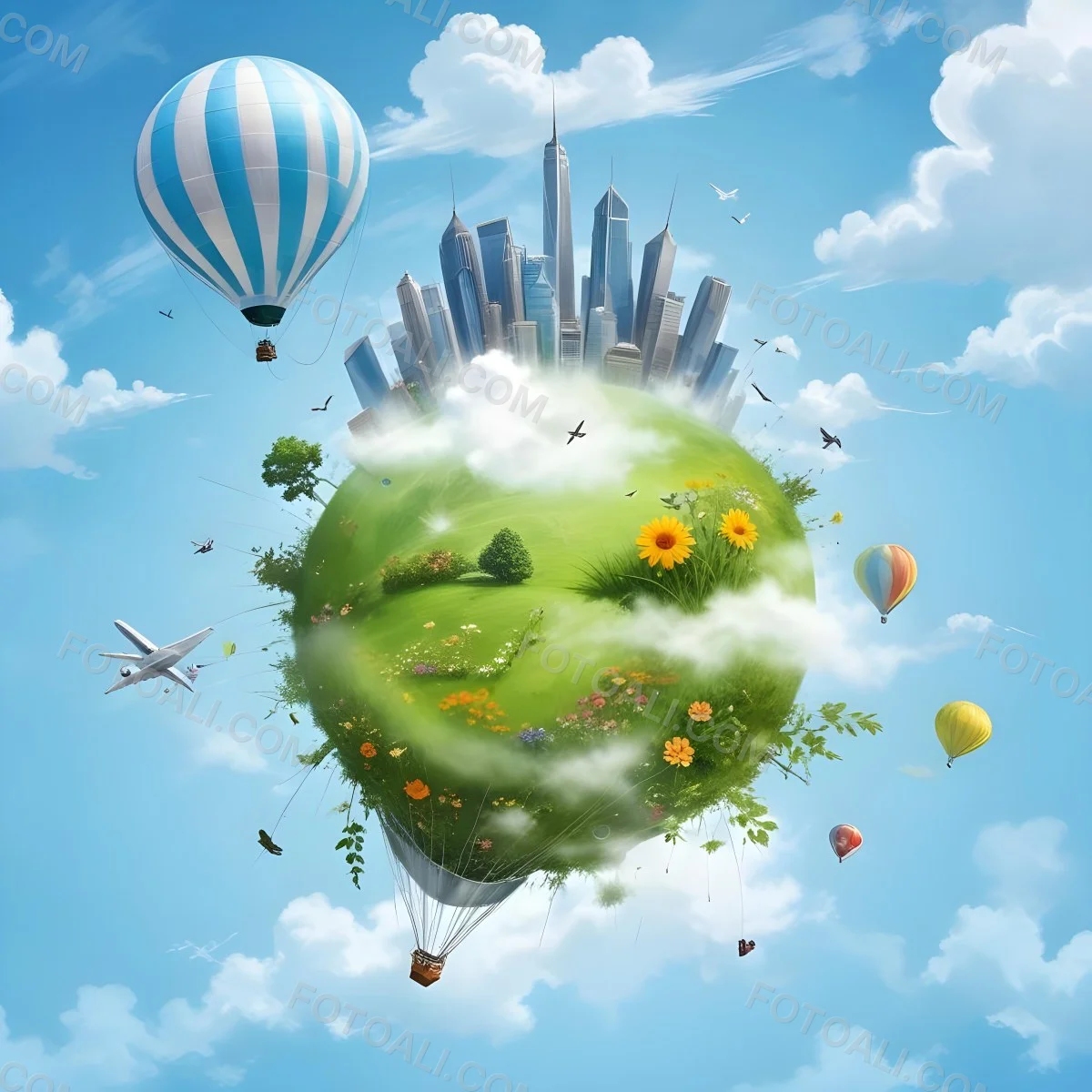 Green Planet With Grass Flowers And Skyscrapers Surrounded By Clouds A Hot Air Balloon And A Plane In A Blue Sky 5 1283