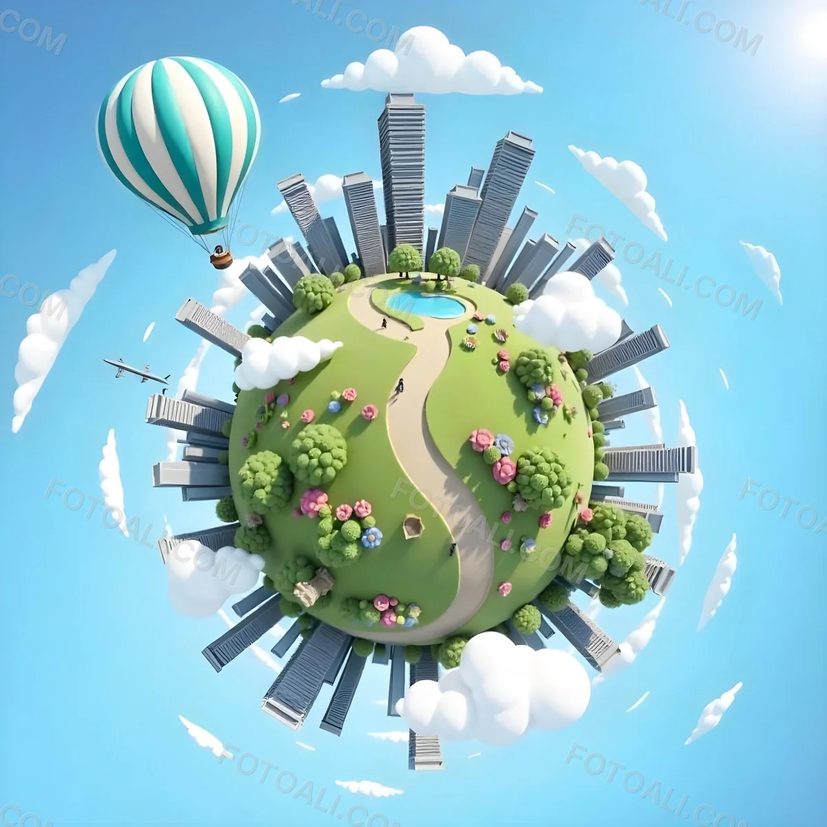 Green Planet With Grass Flowers And Skyscrapers Surrounded By Clouds A Hot Air Balloon And A Plane In A Blue Sky 50 E416