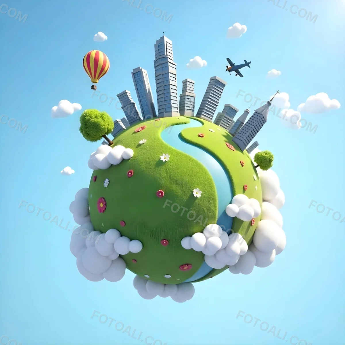Green Planet With Grass Flowers And Skyscrapers Surrounded By Clouds A Hot Air Balloon And A Plane In A Blue Sky 51 7740