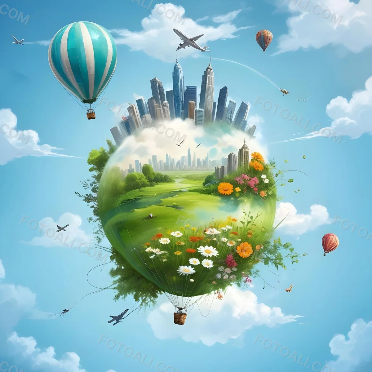 Green Planet With Grass Flowers And Skyscrapers Surrounded By Clouds A Hot Air Balloon And A Plane In A Blue Sky 6 Ac2f