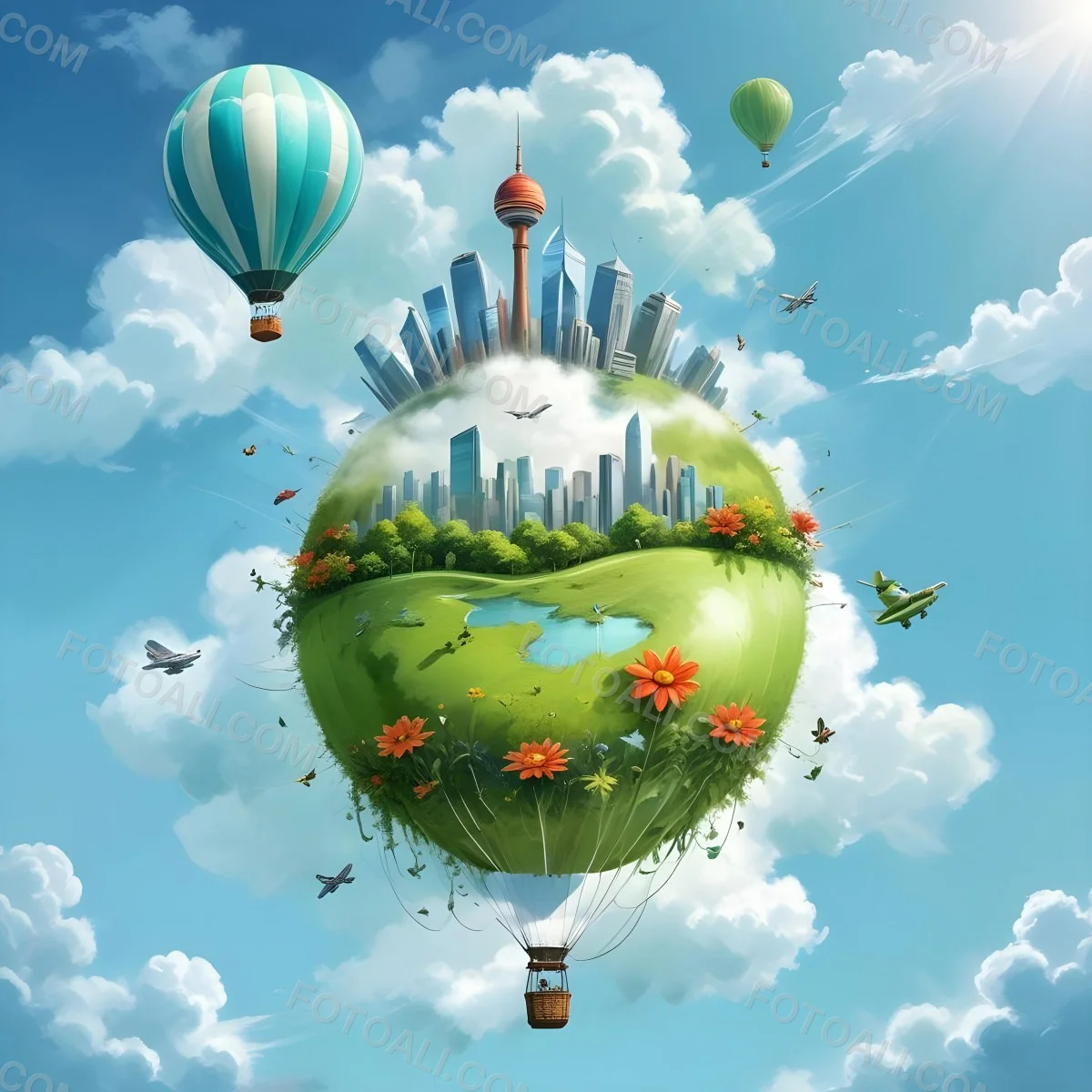 Green Planet With Grass Flowers And Skyscrapers Surrounded By Clouds A Hot Air Balloon And A Plane In A Blue Sky 7 6ca4