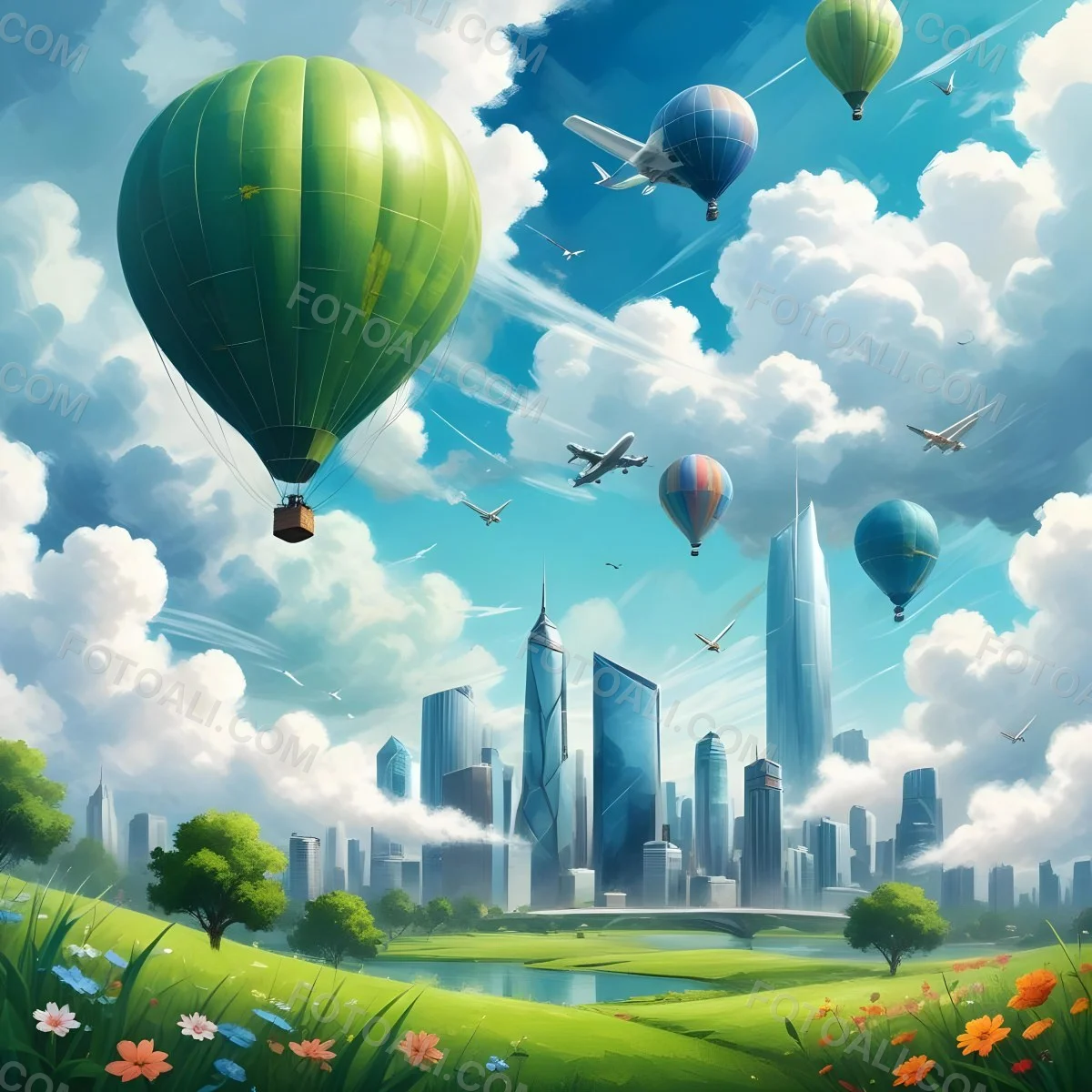 Green Planet With Grass Flowers And Skyscrapers Surrounded By Clouds A Hot Air Balloon And A Plane In A Blue Sky 9 B95a