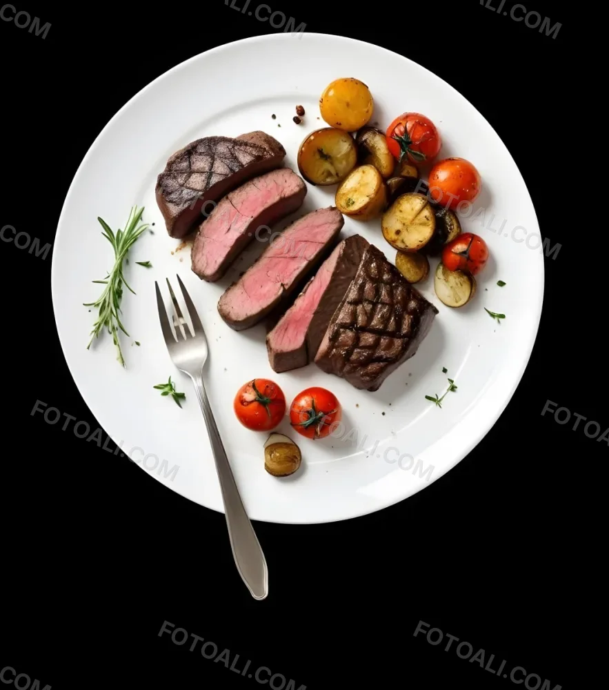 Grilled Steak With Roasted Potatoes And Tomatoes Garnished With Fresh Parsley 4 Da56