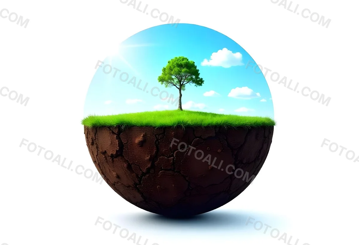 Half Earth With Green Grass And A Tree On Top Blue Sky With Some Clouds White Background 1 2a5c