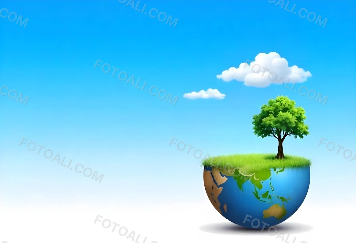 Half Earth With Green Grass And A Tree On Top Blue Sky With Some Clouds White Background 10 0f78