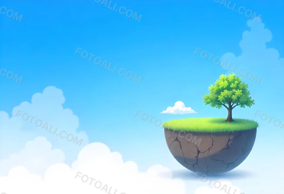 Half Earth With Green Grass And A Tree On Top Blue Sky With Some Clouds White Background 17 5f8a
