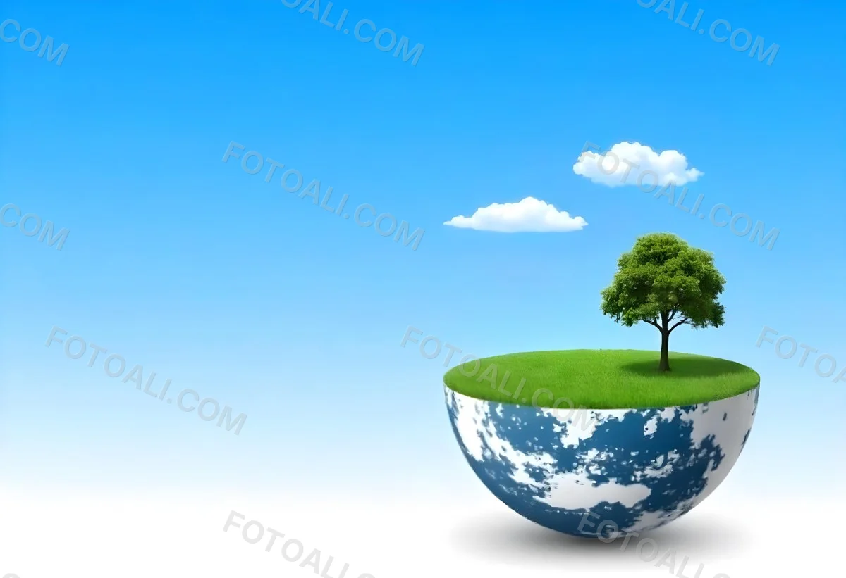 Half Earth With Green Grass And A Tree On Top Blue Sky With Some Clouds White Background 18 F5ed