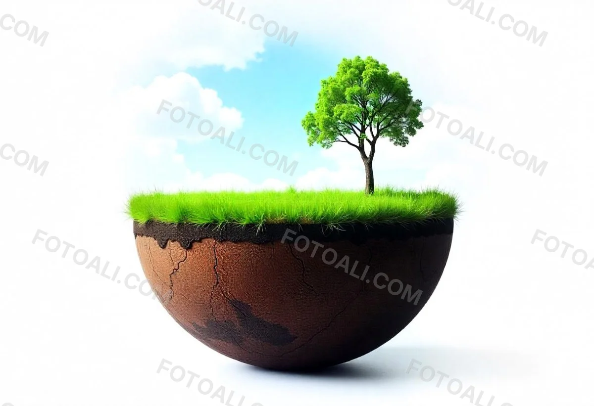 Half Earth With Green Grass And A Tree On Top Blue Sky With Some Clouds White Background 3 1743