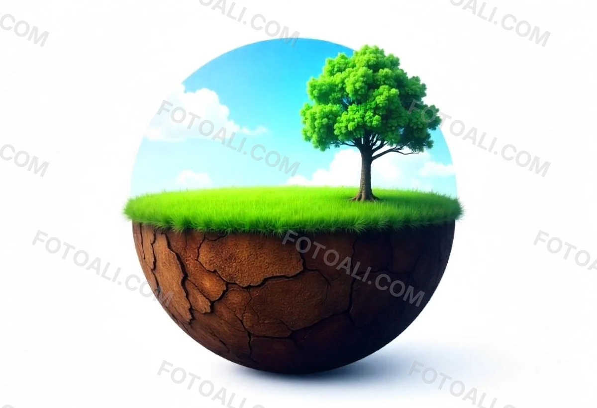 Half Earth With Green Grass And A Tree On Top Blue Sky With Some Clouds White Background 32 0c7f