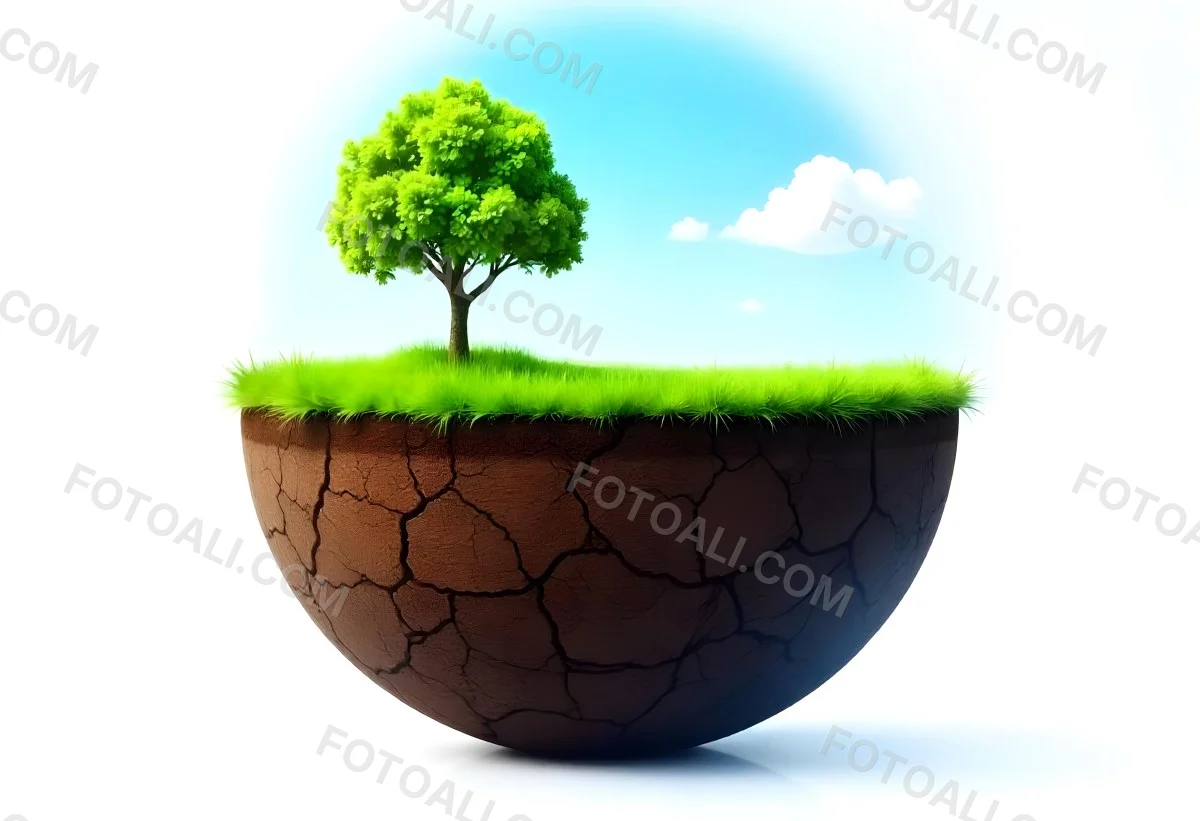 Half Earth With Green Grass And A Tree On Top Blue Sky With Some Clouds White Background 38 Cfb1