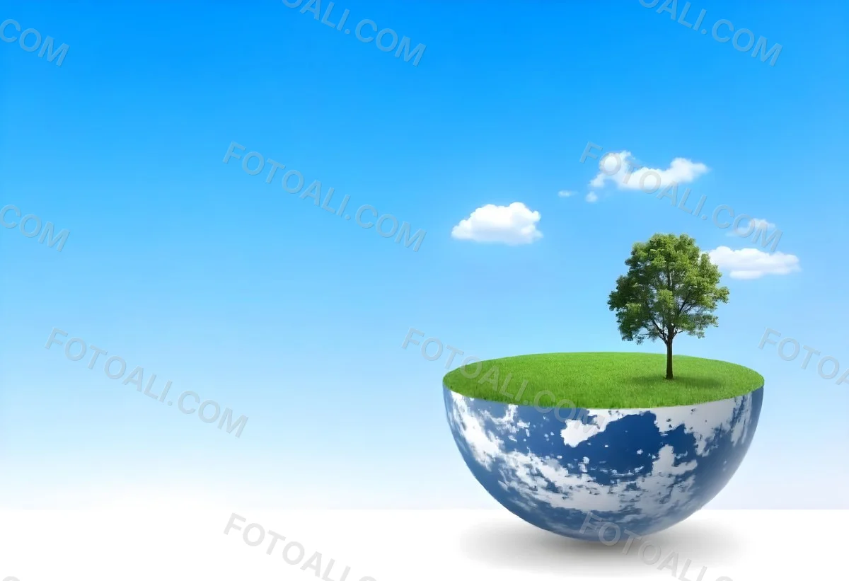 Half Earth With Green Grass And A Tree On Top Blue Sky With Some Clouds White Background 39 9c44