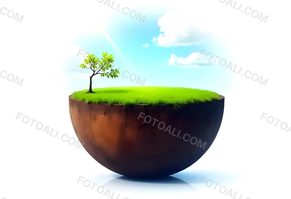 Half Earth With Green Grass And A Tree On Top Blue Sky With Some Clouds White Background 4 3f16