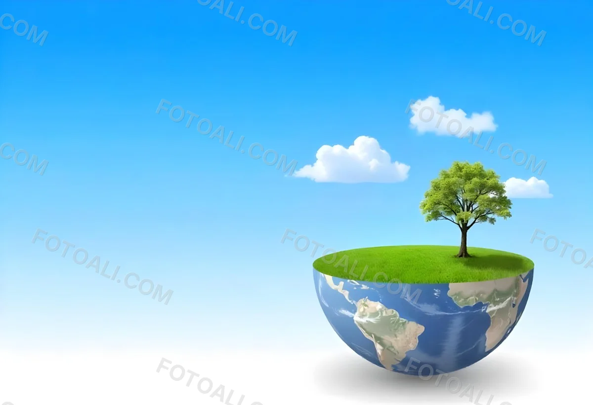 Half Earth With Green Grass And A Tree On Top Blue Sky With Some Clouds White Background 4 Bb4e