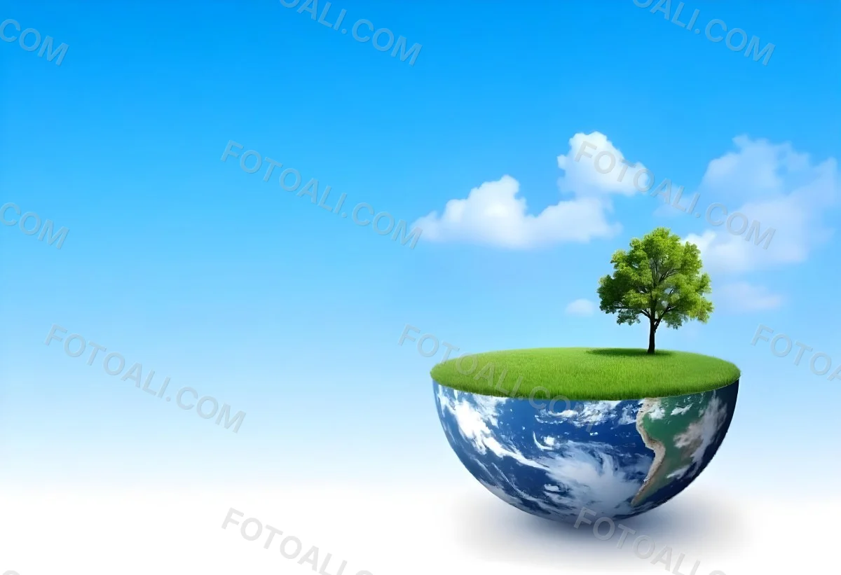 Half Earth With Green Grass And A Tree On Top Blue Sky With Some Clouds White Background 5 7a98