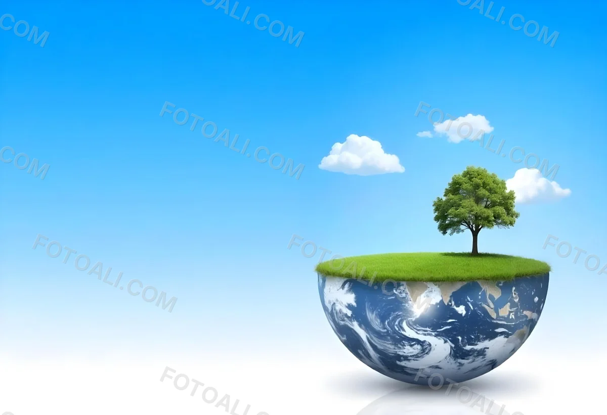 Half Earth With Green Grass And A Tree On Top Blue Sky With Some Clouds White Background 5 D201