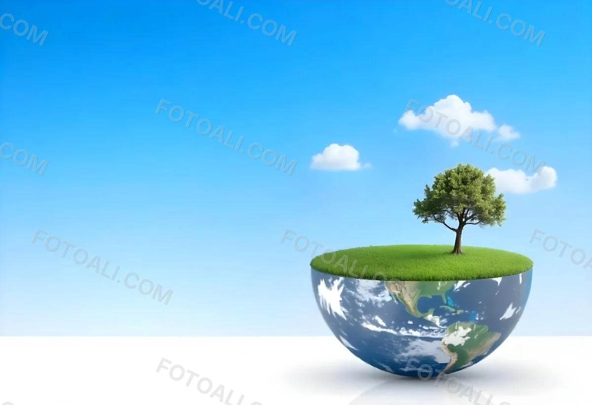 Half Earth With Green Grass And A Tree On Top Blue Sky With Some Clouds White Background 7 9e05
