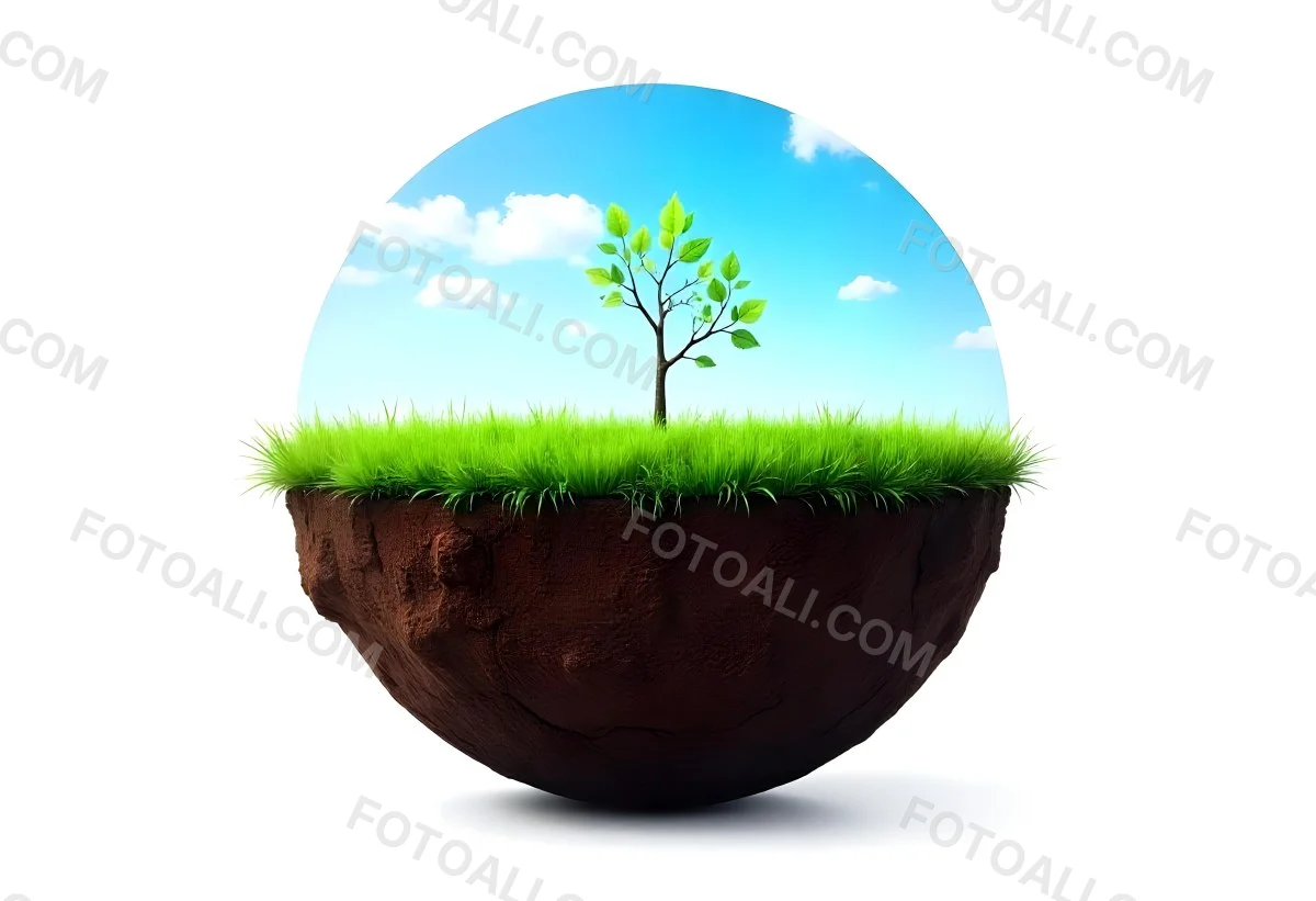 Half Earth With Green Grass And A Tree On Top Blue Sky With Some Clouds White Background 8 1d47