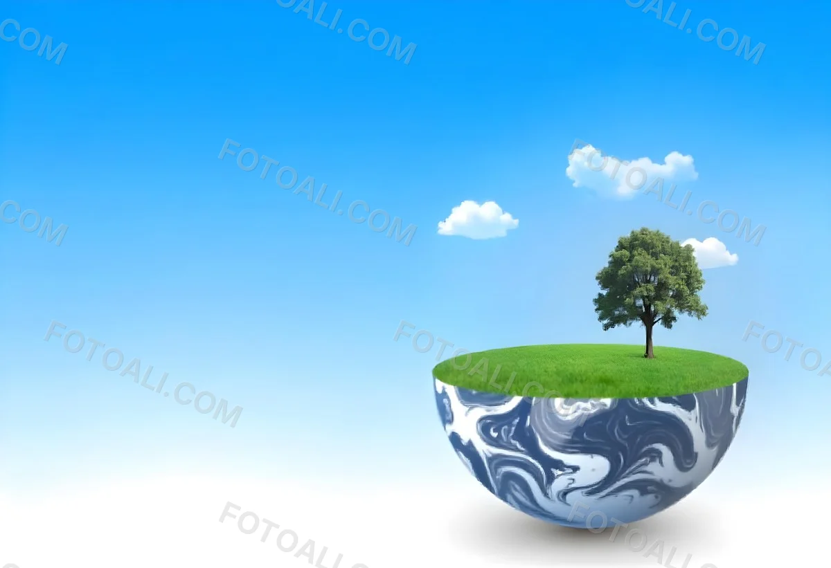 Half Earth With Green Grass And A Tree On Top Blue Sky With Some Clouds White Background 9 6264