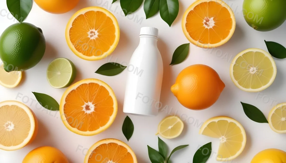 Halved Oranges And Lemons With Green Leaves A White Bottle And Other Citrus Fruits On A Light Background 11