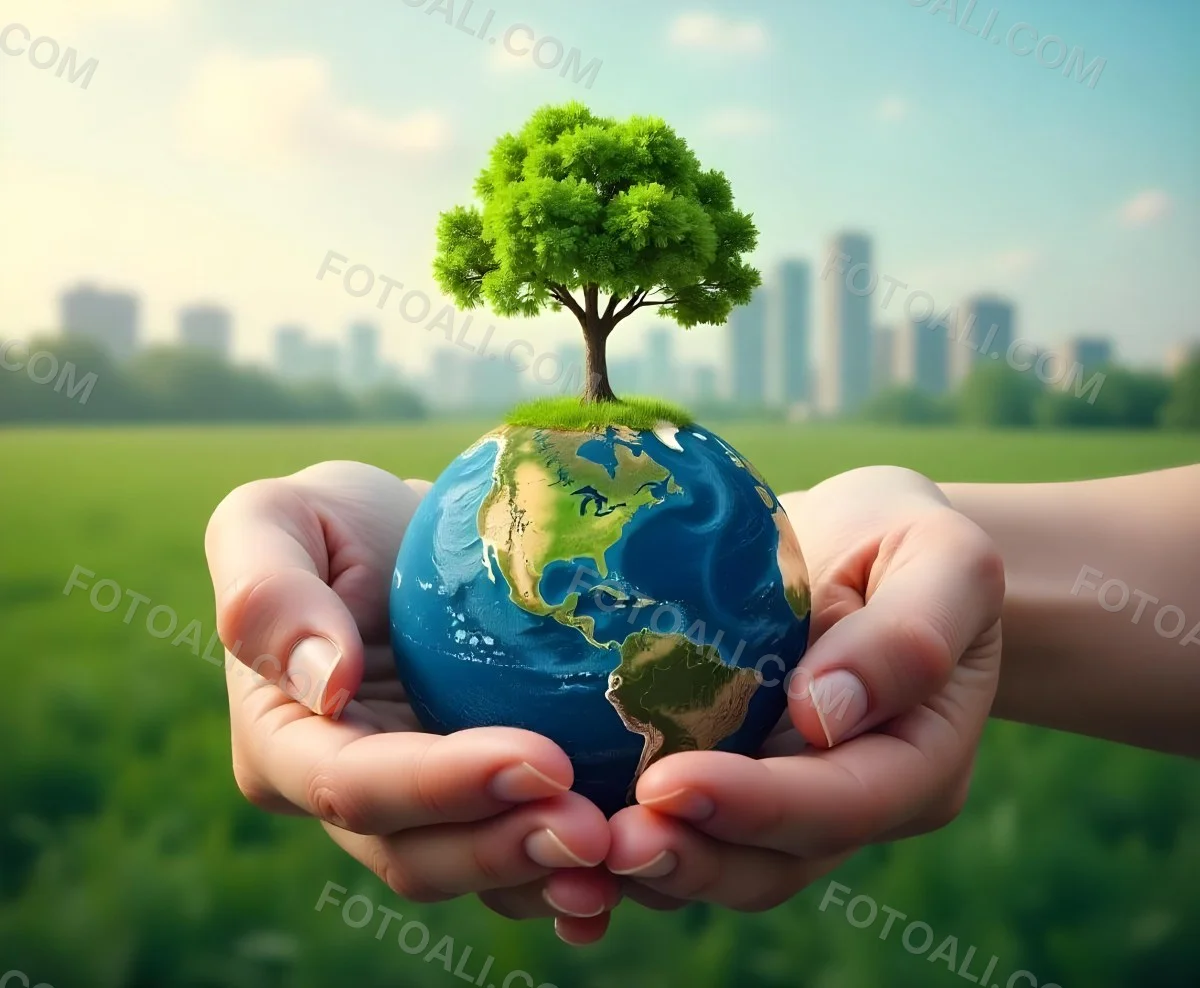 Hands Holding A Miniature Earth With A Tree Growing On Top A Patch Of Green Grass And A Cityscape In The Background 10 Bce3