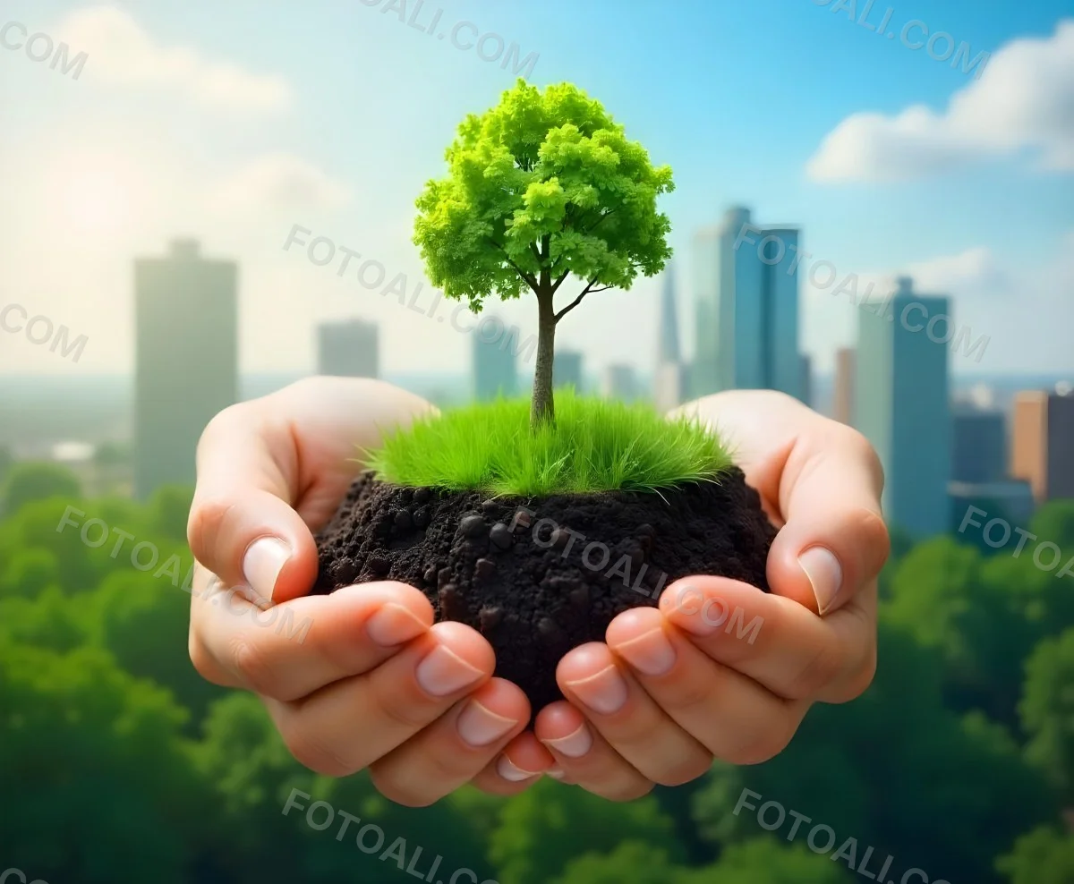 Hands Holding A Miniature Earth With A Tree Growing On Top A Patch Of Green Grass And A Cityscape In The Background 12 1a7e