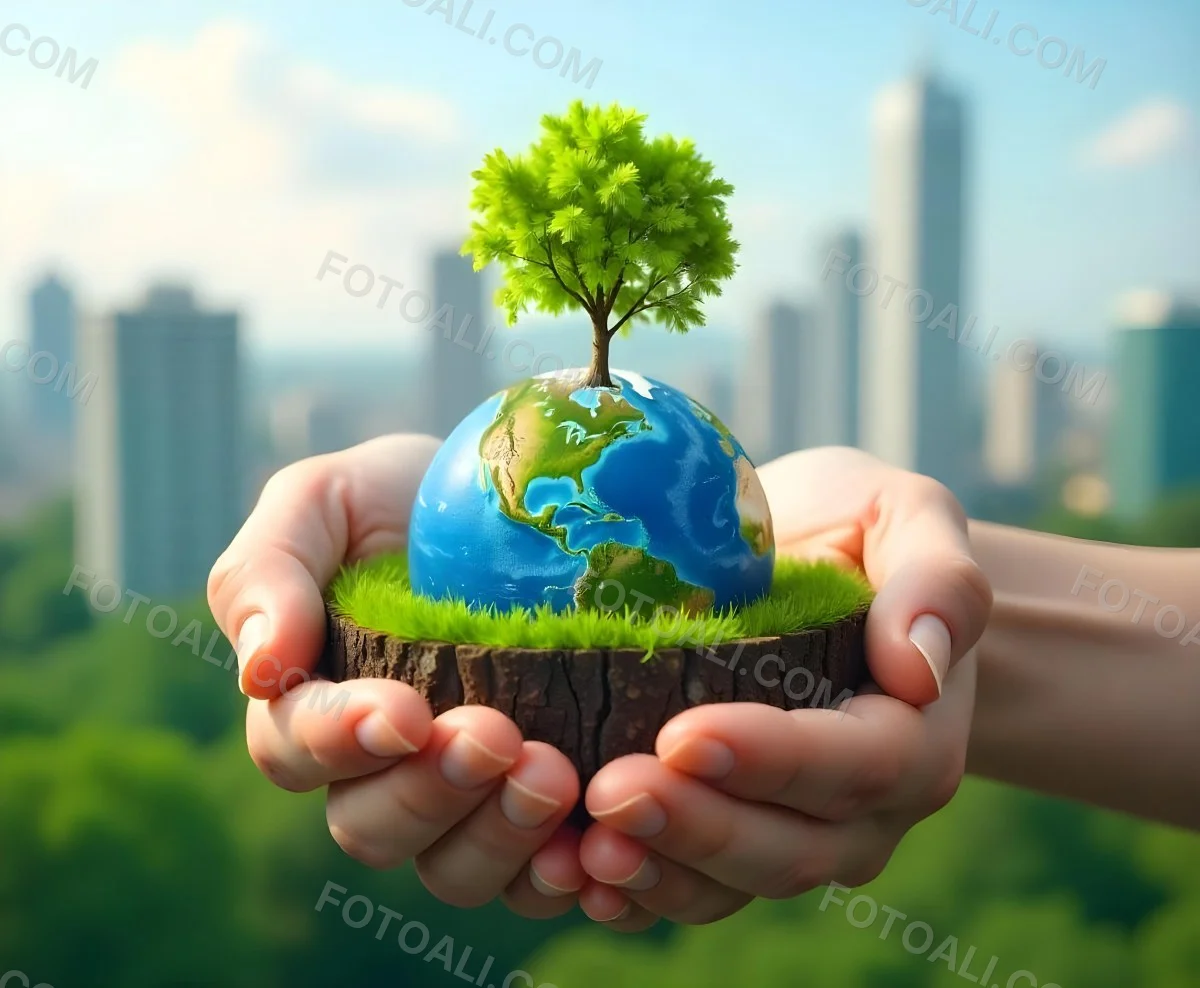 Hands Holding A Miniature Earth With A Tree Growing On Top A Patch Of Green Grass And A Cityscape In The Background 13 6f3c