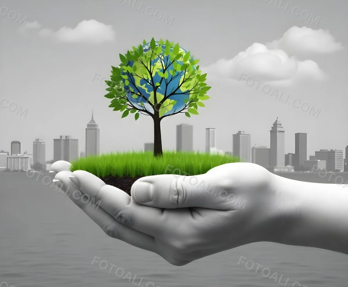 Hands Holding A Miniature Earth With A Tree Growing On Top A Patch Of Green Grass And A Cityscape In The Background 14 E872