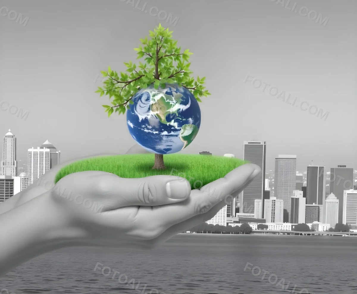 Hands Holding A Miniature Earth With A Tree Growing On Top A Patch Of Green Grass And A Cityscape In The Background 16 Af26