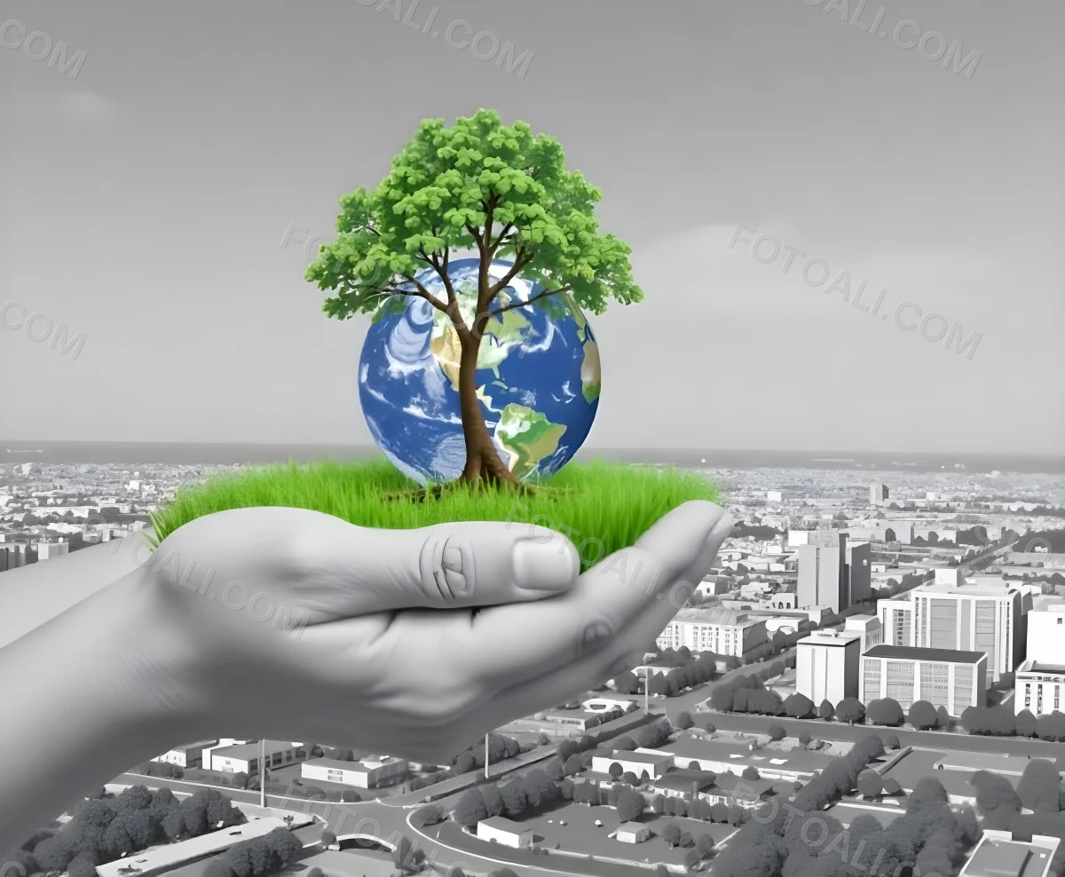 Hands Holding A Miniature Earth With A Tree Growing On Top A Patch Of Green Grass And A Cityscape In The Background 17 3162