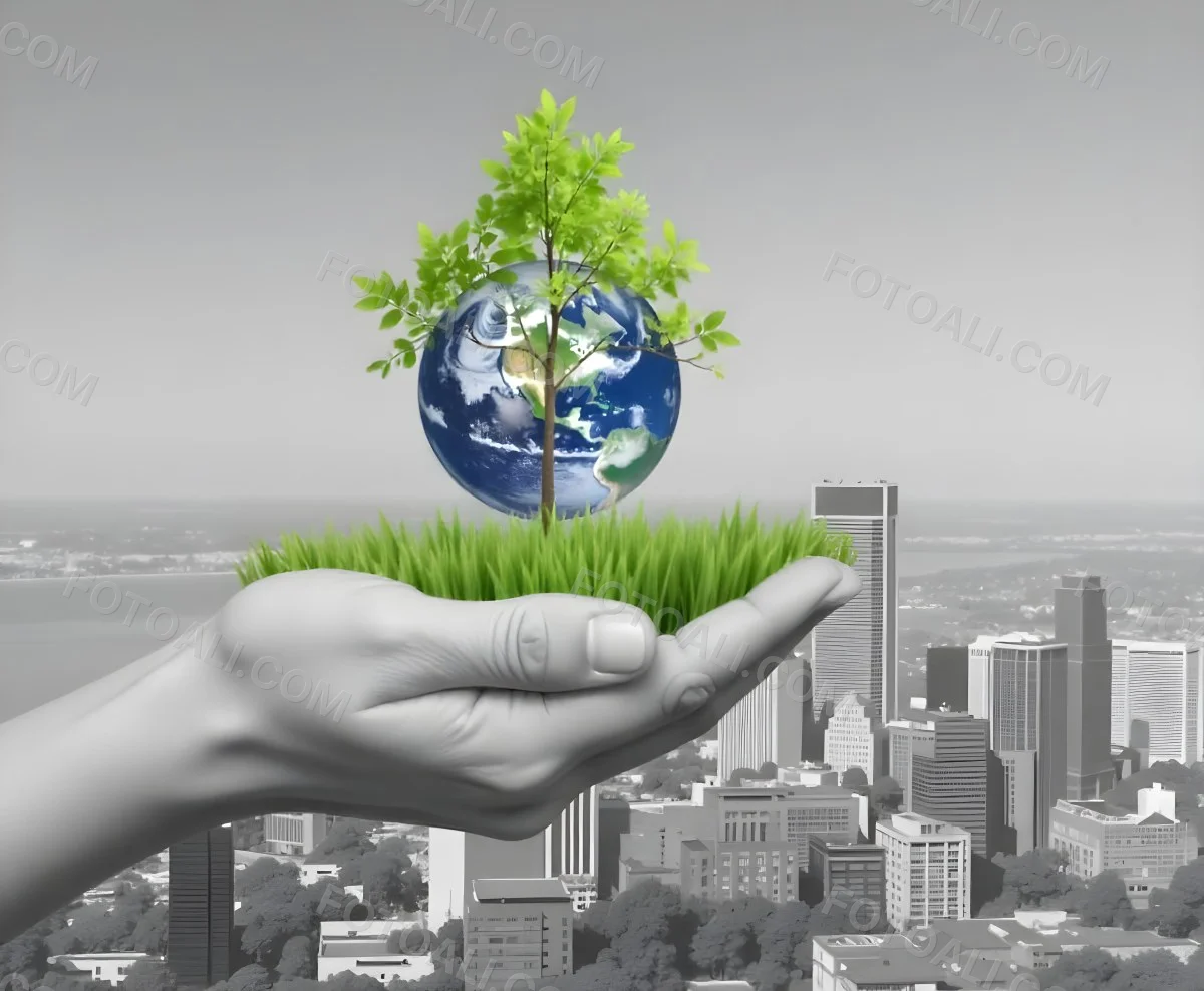 Hands Holding A Miniature Earth With A Tree Growing On Top A Patch Of Green Grass And A Cityscape In The Background 20 9666