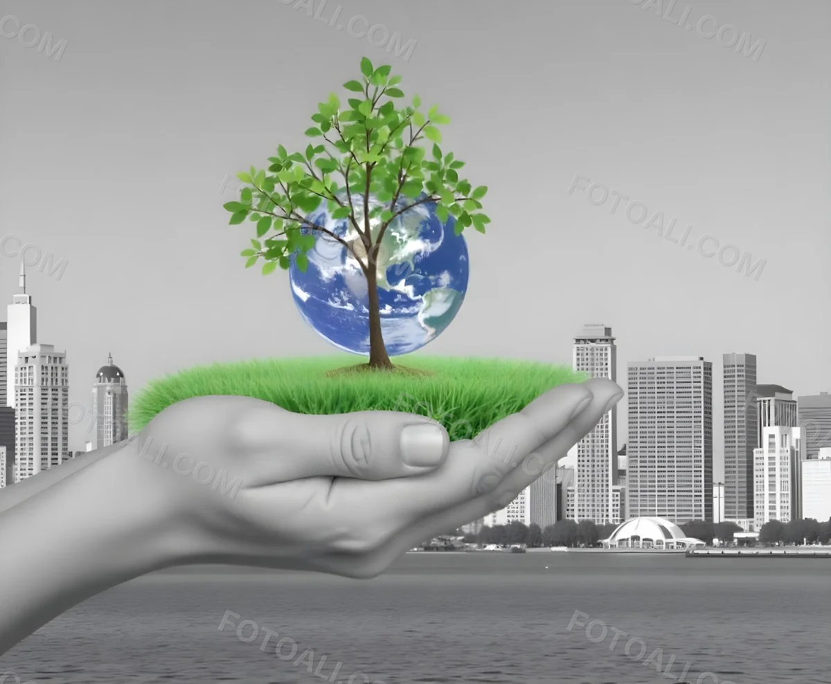 Hands Holding A Miniature Earth With A Tree Growing On Top A Patch Of Green Grass And A Cityscape In The Background 21 Db15