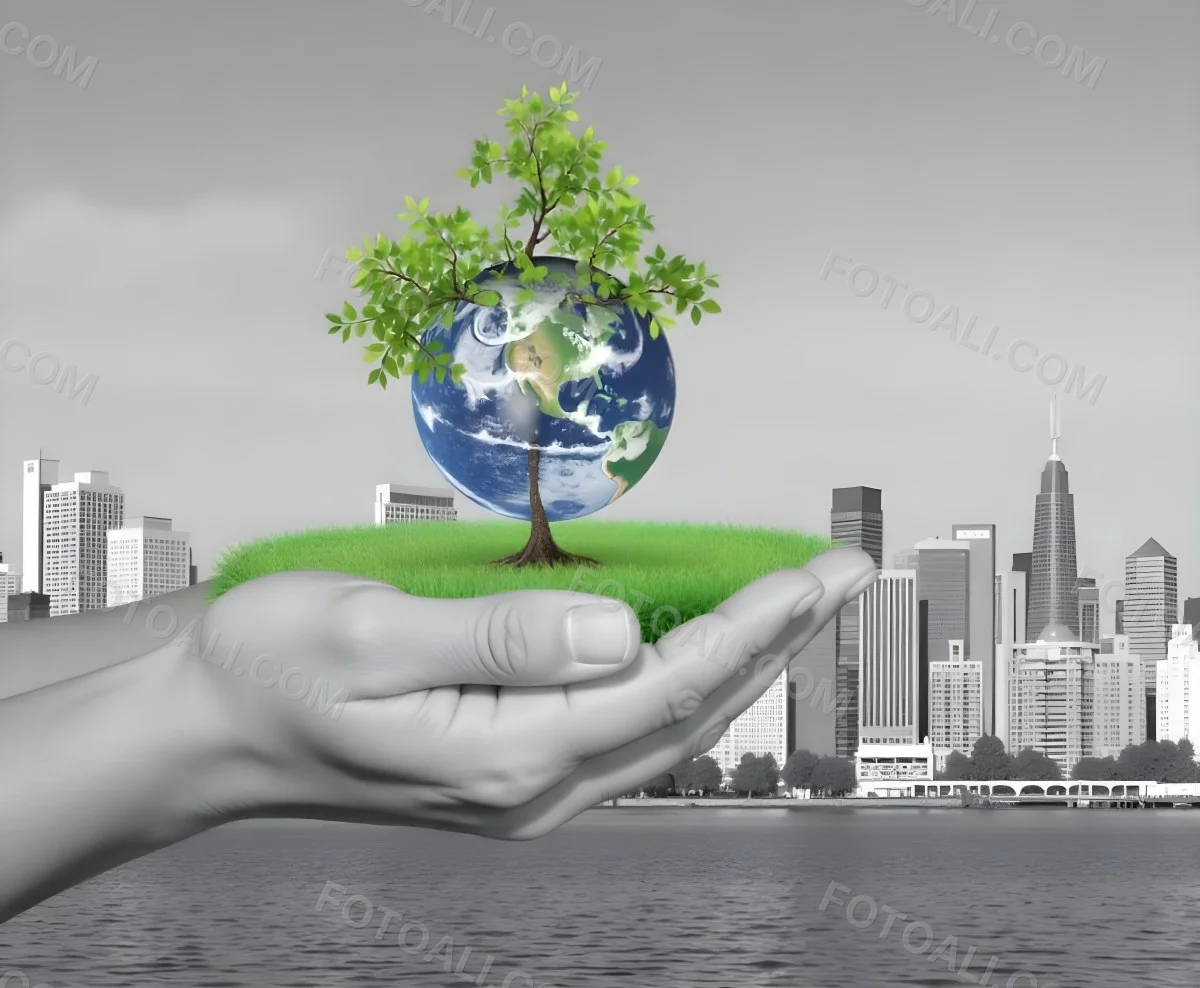 Hands Holding A Miniature Earth With A Tree Growing On Top A Patch Of Green Grass And A Cityscape In The Background 22 Aa22