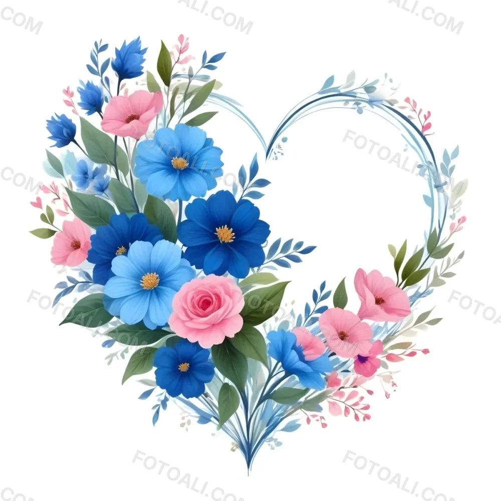 Heart Made Of Blue And Pink Flowers With Blue Leaves Floral Arrangement Heart Shaped Frame White Background Romantic Decorative Vibrant Colors Botanical Illustration Floral Design Elegant Cheerful Sprin 18 F63b