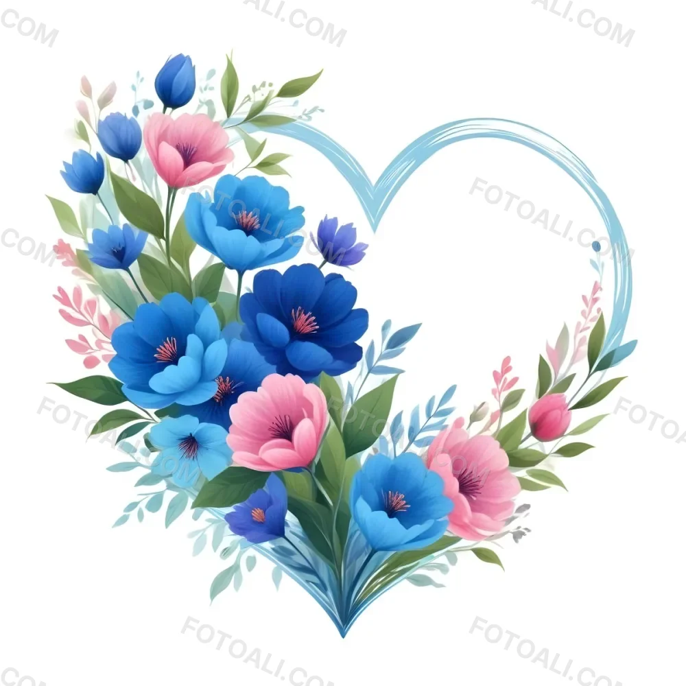 Heart Made Of Blue And Pink Flowers With Blue Leaves Floral Arrangement Heart Shaped Frame White Background Romantic Decorative Vibrant Colors Botanical Illustration Floral Design Elegant Cheerful Sprin 27 46af