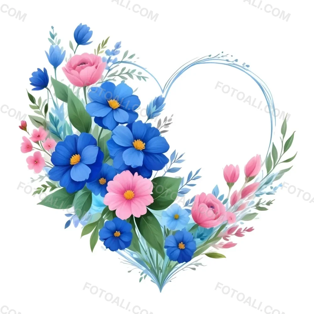 Heart Made Of Blue And Pink Flowers With Blue Leaves Floral Arrangement Heart Shaped Frame White Background Romantic Decorative Vibrant Colors Botanical Illustration Floral Design Elegant Cheerful Sprin 28 097f