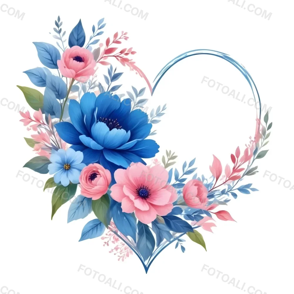 Heart Made Of Blue And Pink Flowers With Blue Leaves Floral Arrangement Heart Shaped Frame White Background Romantic Decorative Vibrant Colors Botanical Illustration Floral Design Elegant Cheerful Sprin 29 9e26