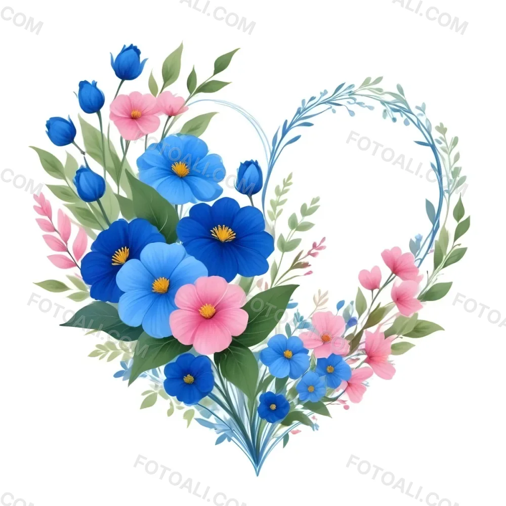 Heart Made Of Blue And Pink Flowers With Blue Leaves Floral Arrangement Heart Shaped Frame White Background Romantic Decorative Vibrant Colors Botanical Illustration Floral Design Elegant Cheerful Sprin 3 461a