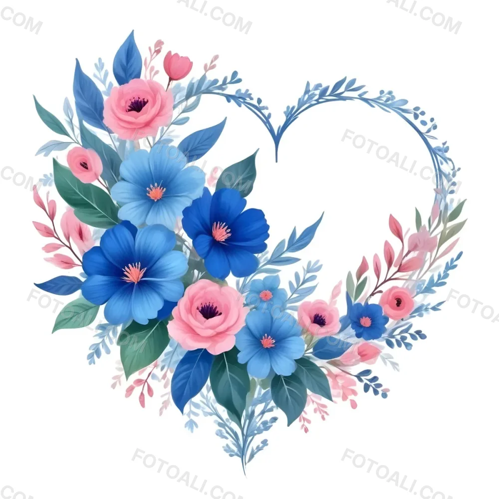 Heart Made Of Blue And Pink Flowers With Blue Leaves Floral Arrangement Heart Shaped Frame White Background Romantic Decorative Vibrant Colors Botanical Illustration Floral Design Elegant Cheerful Sprin 31 B946