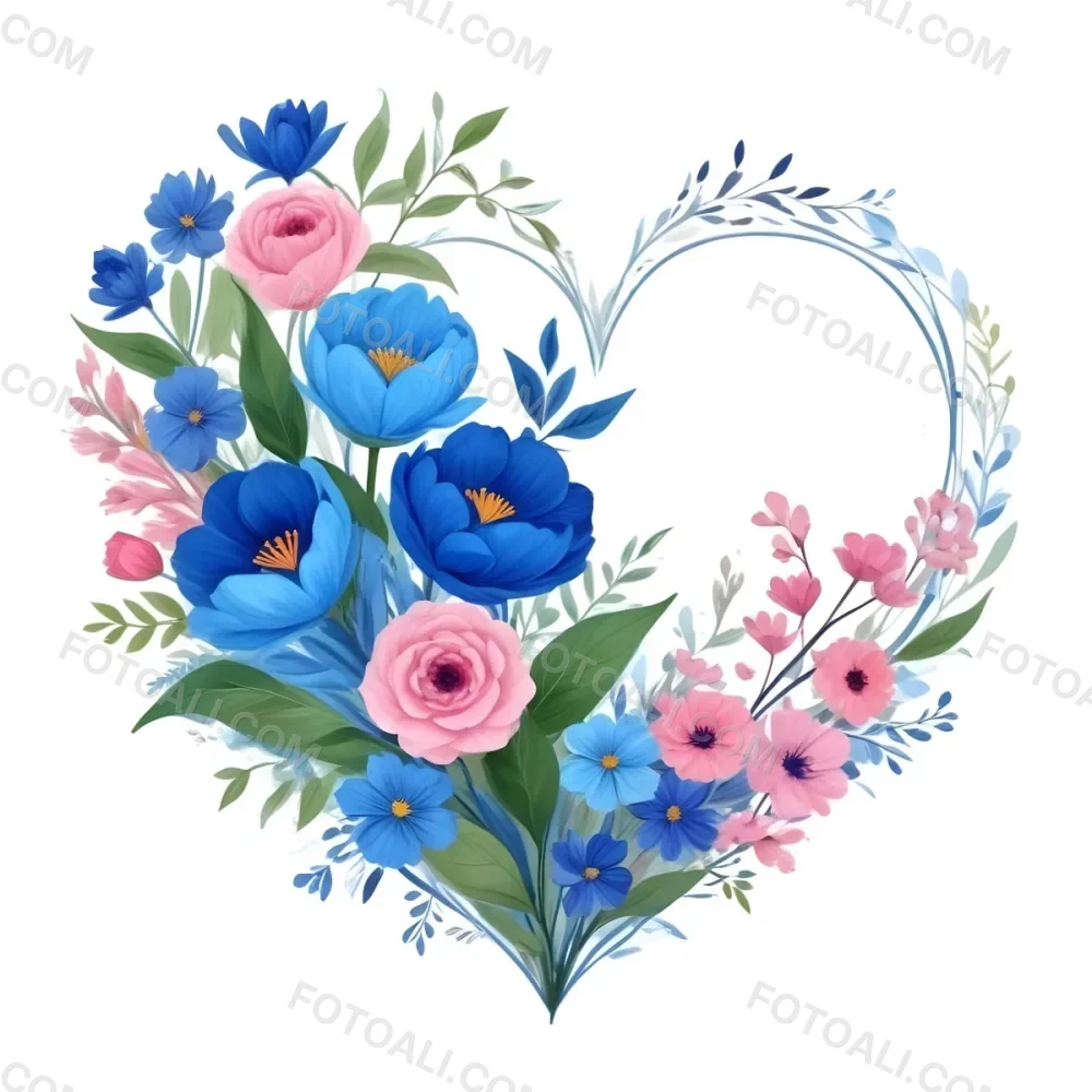 Heart Made Of Blue And Pink Flowers With Blue Leaves Floral Arrangement Heart Shaped Frame White Background Romantic Decorative Vibrant Colors Botanical Illustration Floral Design Elegant Cheerful Sprin 32 4f92