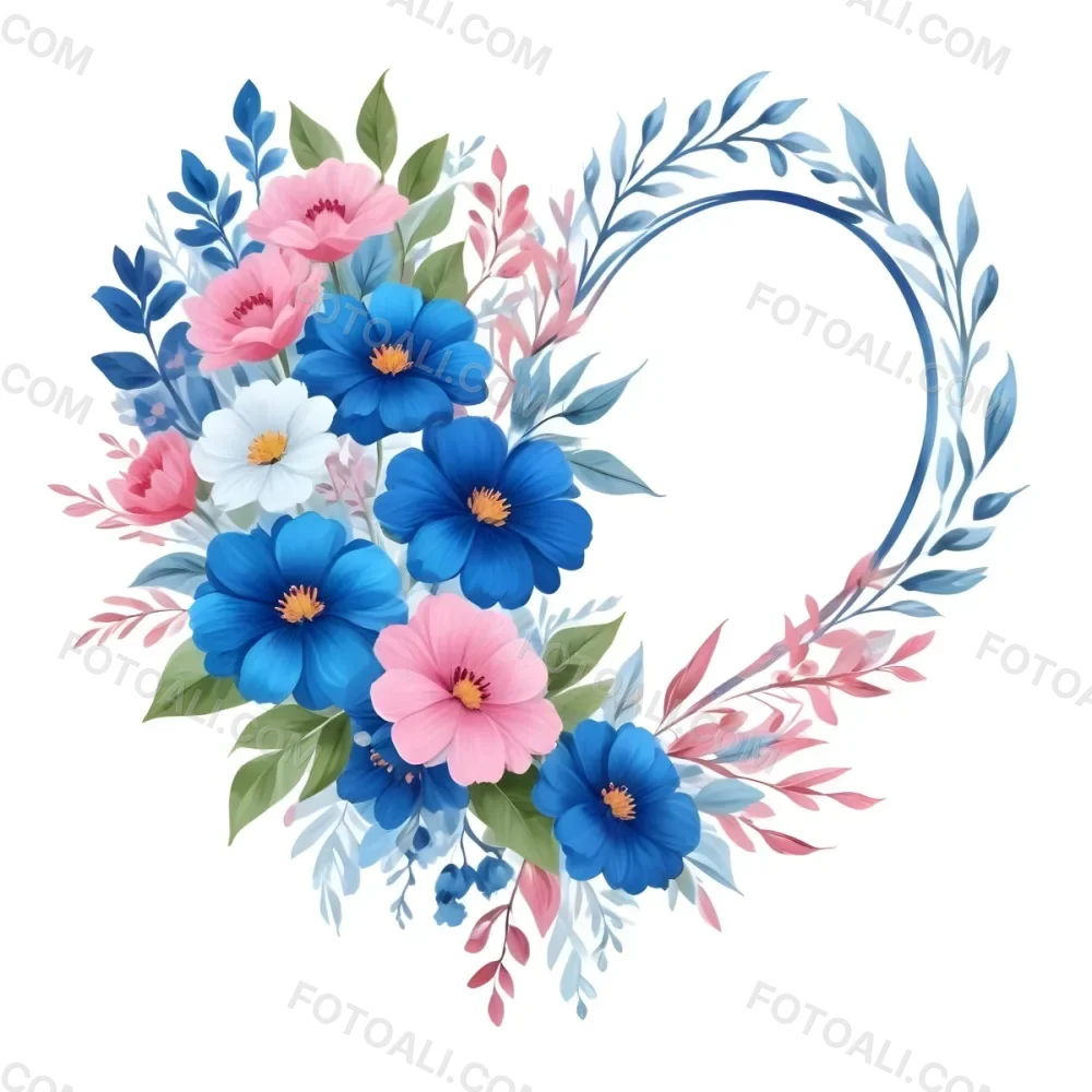 Heart Made Of Blue And Pink Flowers With Blue Leaves Floral Arrangement Heart Shaped Frame White Background Romantic Decorative Vibrant Colors Botanical Illustration Floral Design Elegant Cheerful Sprin 33 6f5a