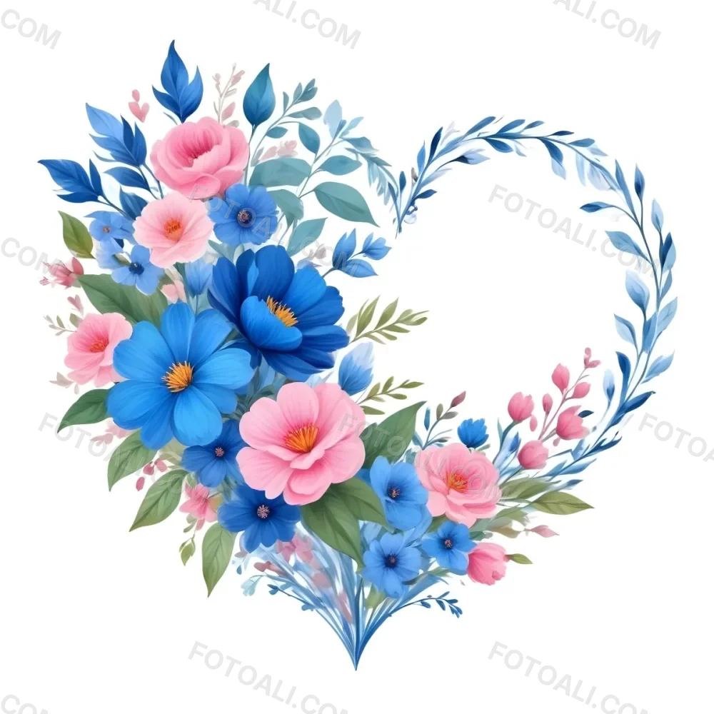 Heart Made Of Blue And Pink Flowers With Blue Leaves Floral Arrangement Heart Shaped Frame White Background Romantic Decorative Vibrant Colors Botanical Illustration Floral Design Elegant Cheerful Sprin 4 B9cd