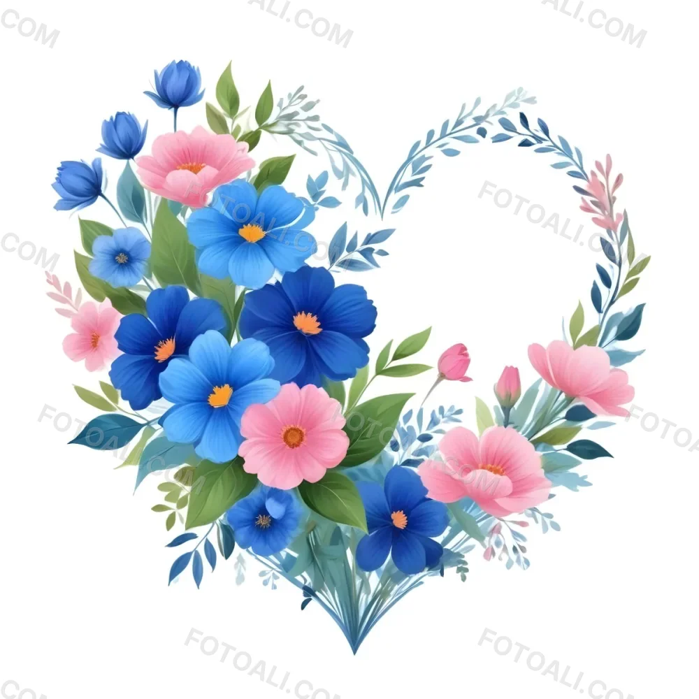 Heart Made Of Blue And Pink Flowers With Blue Leaves Floral Arrangement Heart Shaped Frame White Background Romantic Decorative Vibrant Colors Botanical Illustration Floral Design Elegant Cheerful Sprin 5 331c