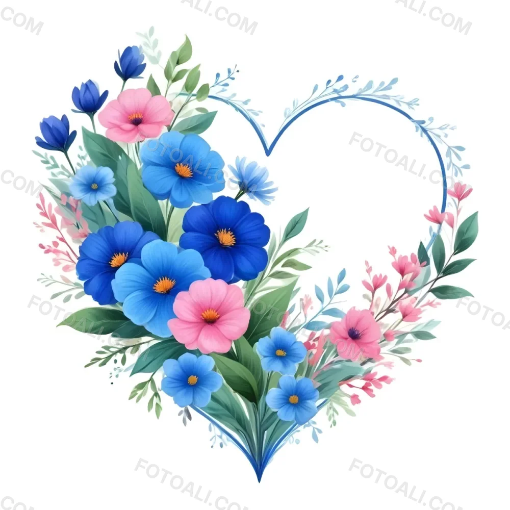 Heart Made Of Blue And Pink Flowers With Blue Leaves Floral Arrangement Heart Shaped Frame White Background Romantic Decorative Vibrant Colors Botanical Illustration Floral Design Elegant Cheerful Sprin 7 E238