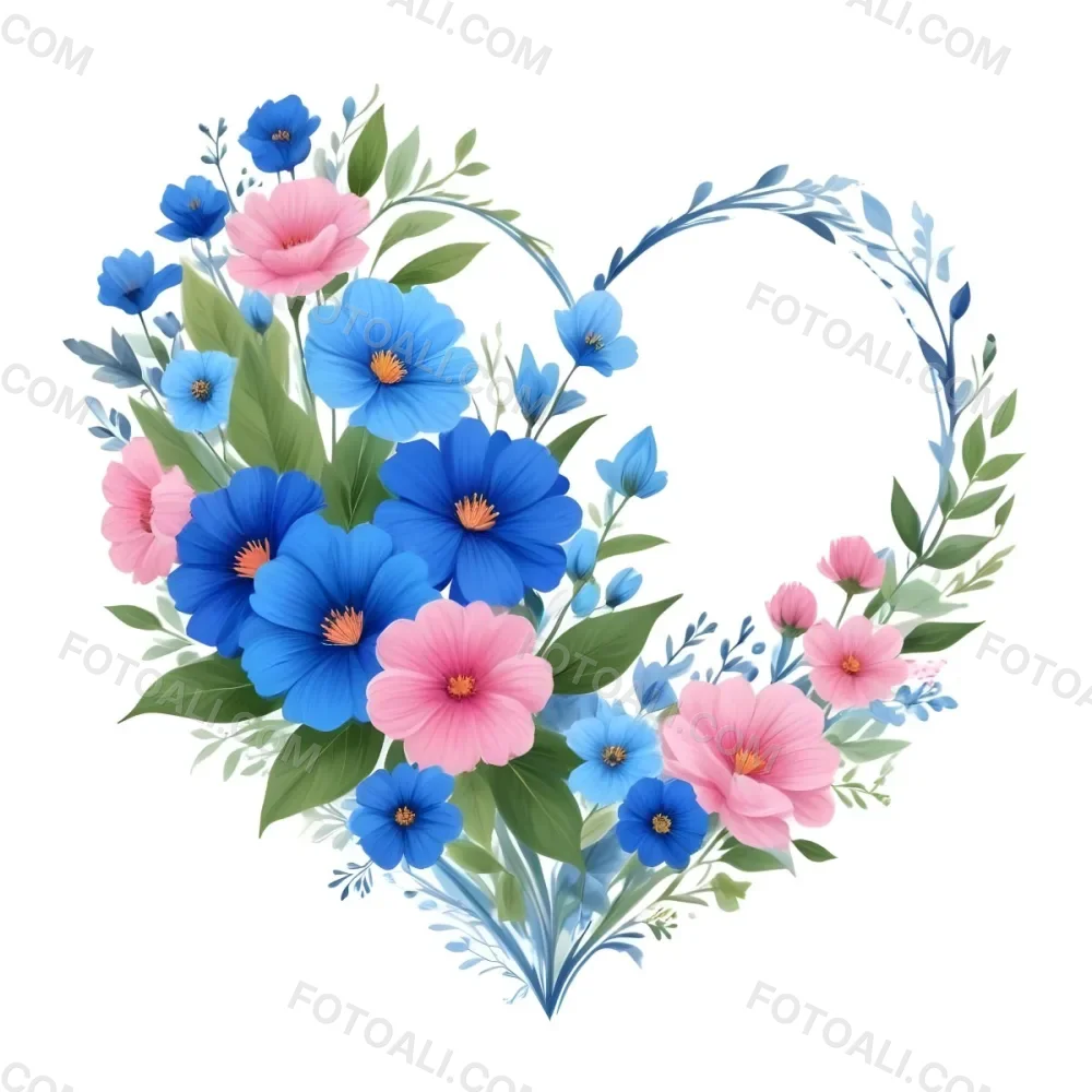 Heart Made Of Blue And Pink Flowers With Blue Leaves Floral Arrangement Heart Shaped Frame White Background Romantic Decorative Vibrant Colors Botanical Illustration Floral Design Elegant Cheerful Sprin 8 41ca