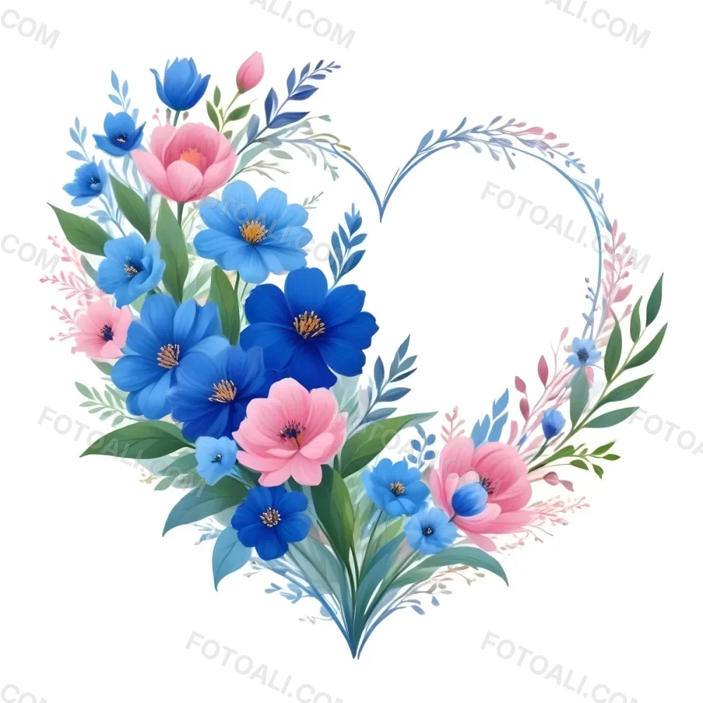 Heart Made Of Blue And Pink Flowers With Blue Leaves Floral Arrangement Heart Shaped Frame White Background Romantic Decorative Vibrant Colors Botanical Illustration Floral Design Elegant Cheerful Sprin 9 328f