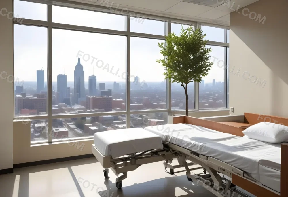 Hospital Room With A Modern Adjustable Bed A Small Tree In A Pot A Side Table And A Large Window With A City View 11 86c3
