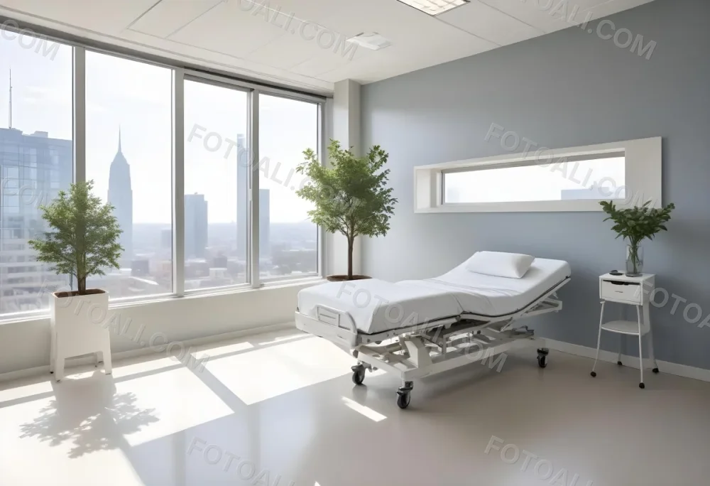 Hospital Room With A Modern Adjustable Bed A Small Tree In A Pot A Side Table And A Large Window With A City View 12 D704