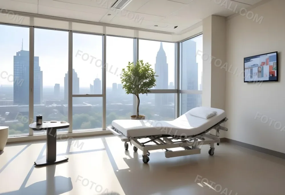 Hospital Room With A Modern Adjustable Bed A Small Tree In A Pot A Side Table And A Large Window With A City View 15 2f20